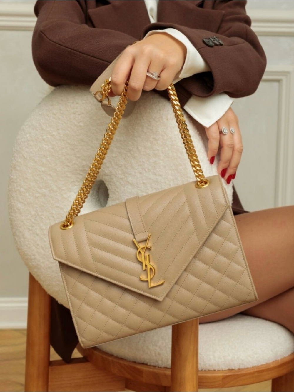 YSL Beige Quilted Shoulder Bag with Gold Hardware